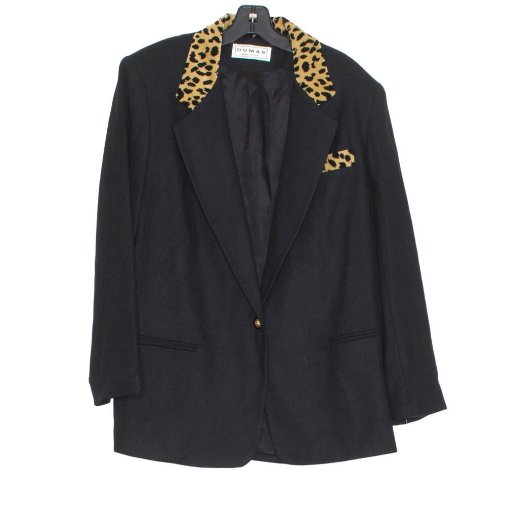 NWT Vintage 80s 90s Black Wool Blazer Leopard Statement Old Money Mob Wife 10